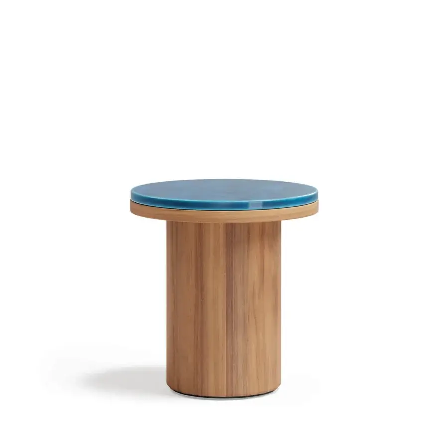 Distinguished Atmosphera Frisbee side table with vibrant blue Gres tabletop and satin-finish teak base
