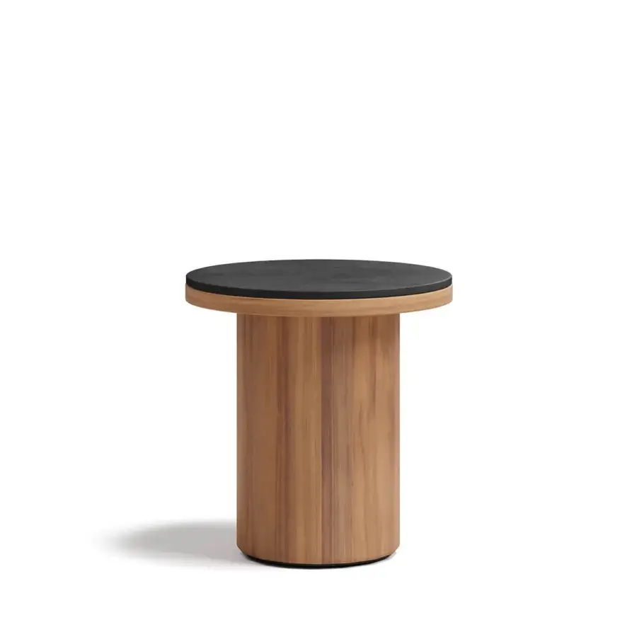 Exceptional Atmosphera Frisbee side table with dark Gres tabletop and teak base crafted with a matte finish