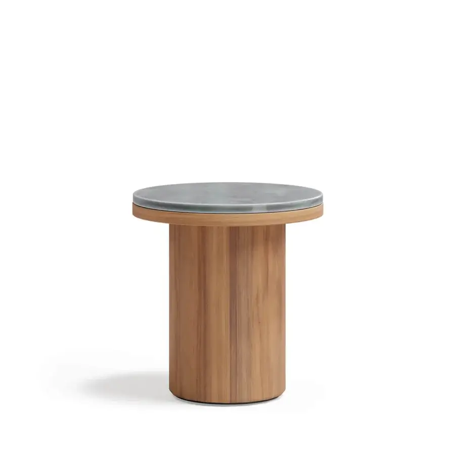 Superior Atmosphera Frisbee side table with grayish-green Gres tabletop and teak base crafted with a satin finish
