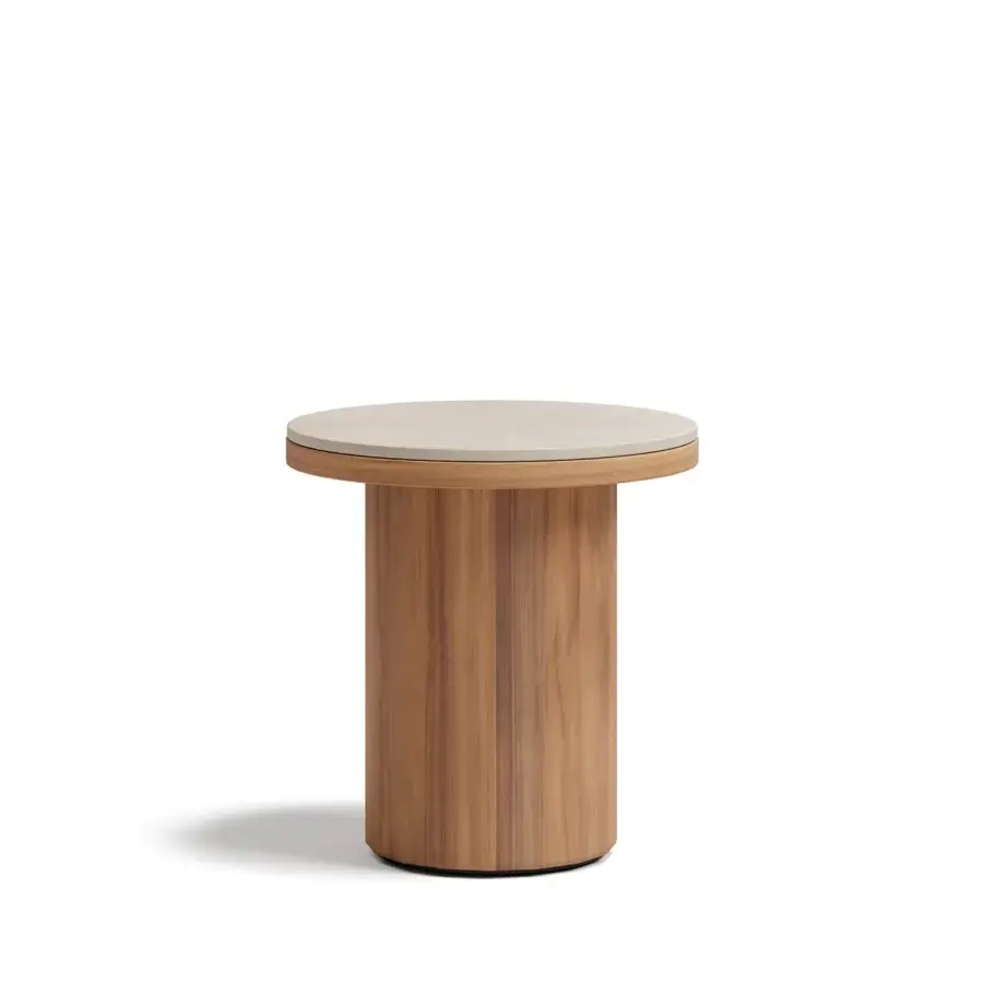Elegant Atmosphera Frisbee side table with smooth Gres tabletop and robust teak base crafted in minimalist cylindrical form
