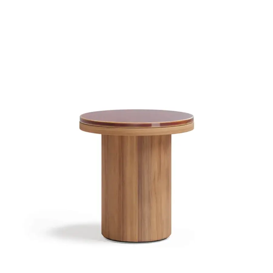 Distinguished Atmosphera Frisbee side table crafted with teak structure and contrasting Gres tabletop in a satin finish