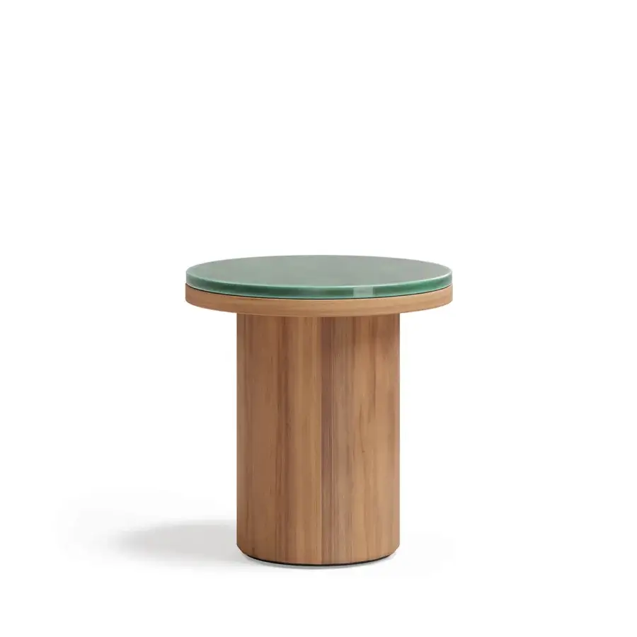 Exceptional Atmosphera Frisbee side table built with teak base and striking green Gres tabletop finish