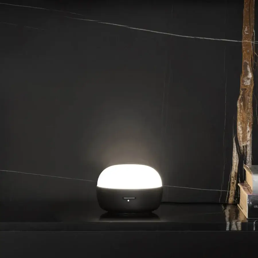 Distinguished Contardi Kiki table lamp set with dark matte wood base and warm white opal glass diffuser