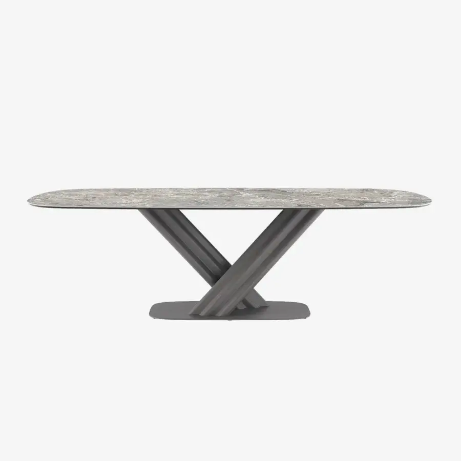 Exceptional Tonin Casa Sipario table with dynamic metal base and refined ceramic tabletop displaying grey, beige, brown veining with matte finish
