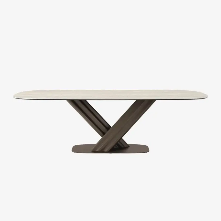 Superior Tonin Casa Sipario table with a dynamic dark bronze metal base and neutral toned wood grain tabletop in matte finish