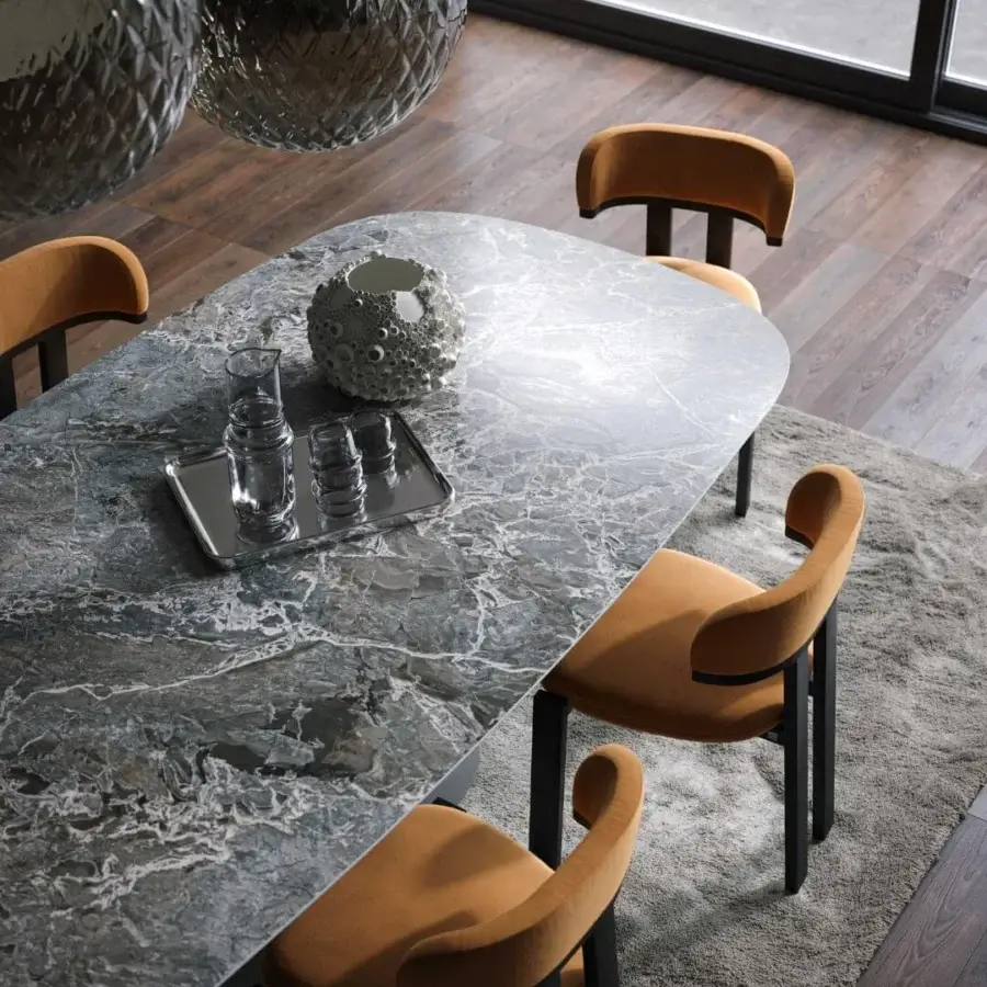 Exceptional Tonin Casa Sipario table with a dynamic black metal base and polished gray and black veined ceramic tabletop