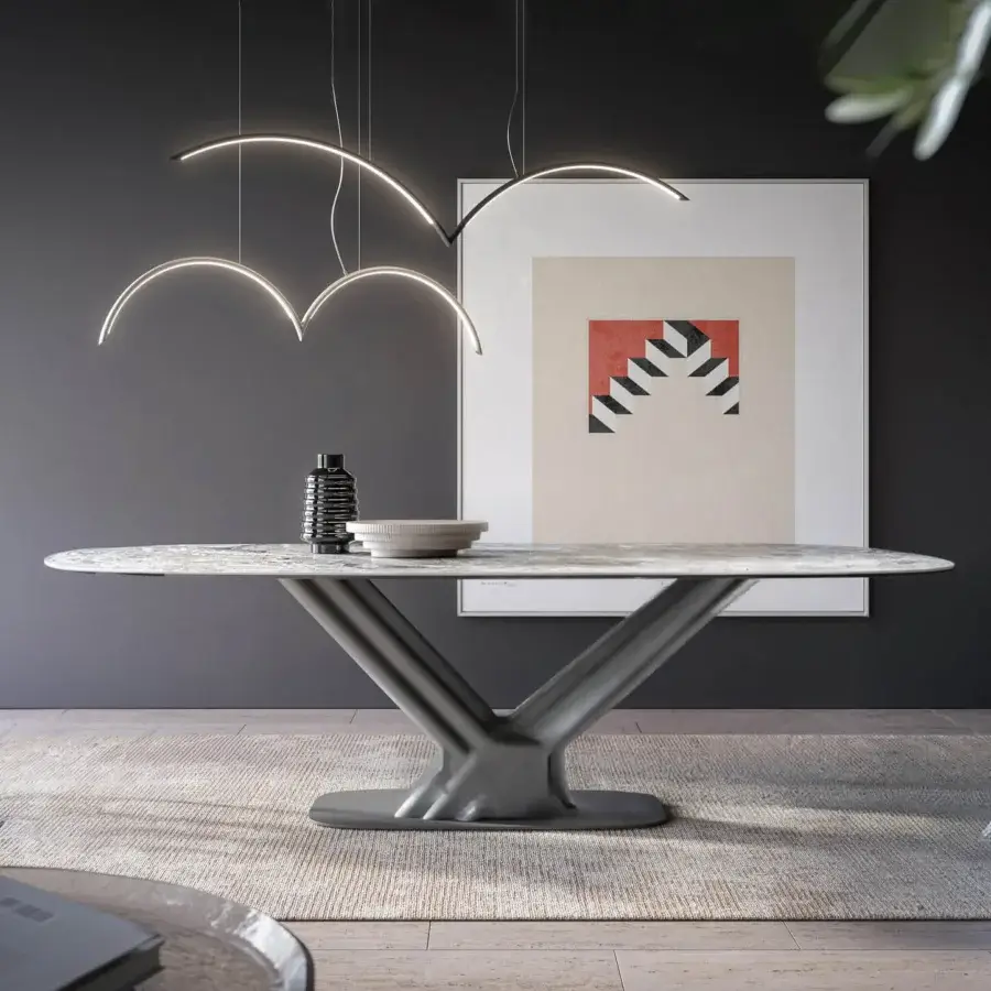 Superior Tonin Casa Sipario table with a light gray ceramic tabletop and matte gray metal base