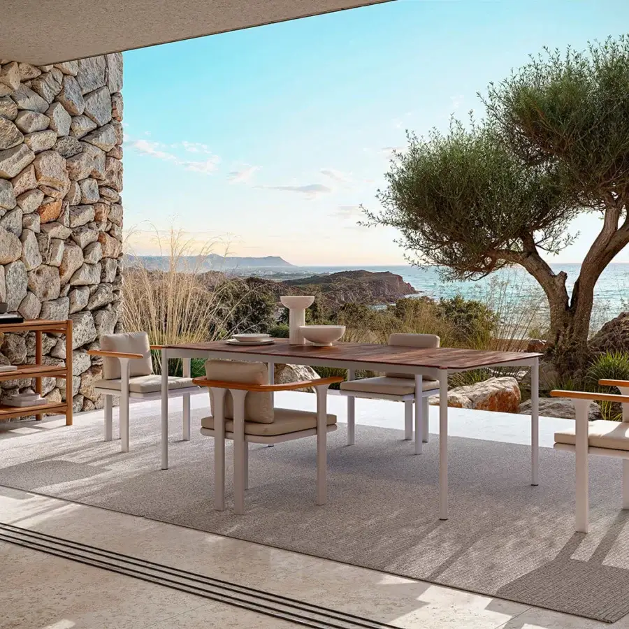 Exceptional Atmosphera Heritage table built with gres and light gray aluminum, displaying a warm medium-brown wood-grain matte finish
