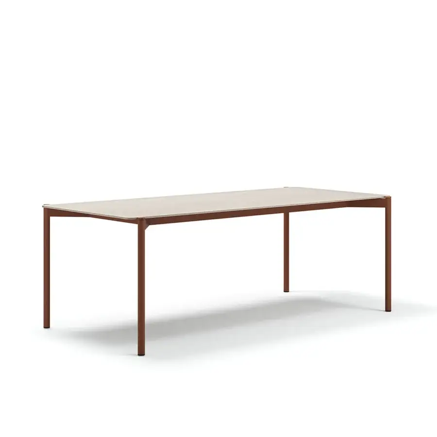 Exceptional Atmosphera Heritage table with a gres tabletop and cylindrical aluminum legs crafted in refined teak with a satin finish