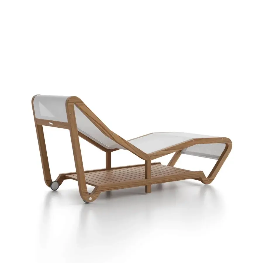Distinguished Atmosphera Infinity chaise lounge crafted with Asian oiled TEAK and white textilene for relaxing comfort with a minimalist finish