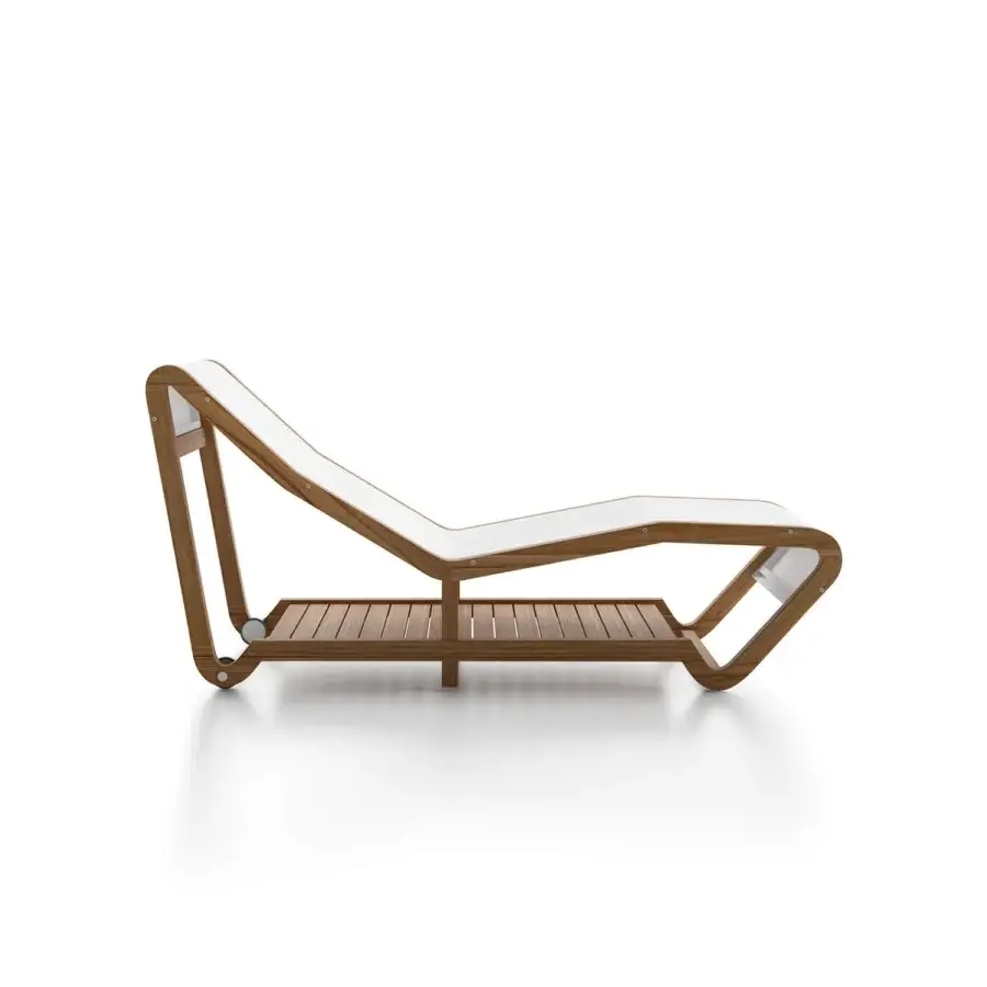 Superior Atmosphera Infinity chaise lounge with a fluid contemporary form in Asian oiled TEAK and white textilene with brushed steel details