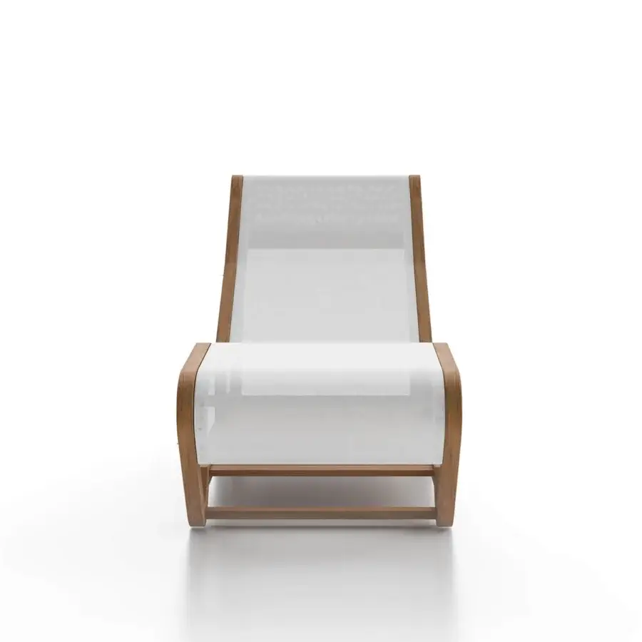 Elegant Atmosphera Infinity chaise lounge with a fluid ergonomic form crafted in Asian oiled TEAK and breathable white textilene with a warm finish
