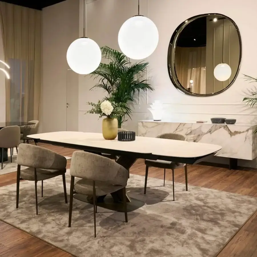 Exceptional Tonin Casa Sipario Ext table with light beige ceramic and dramatically sculpted satin-finish metal base