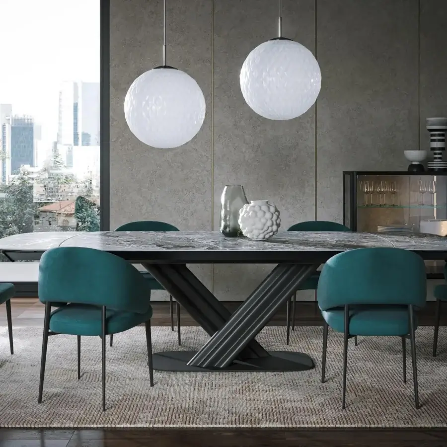Distinguished Tonin Casa Sipario Ext table with gray and black veined ceramic tabletop and matte dark gray metal base