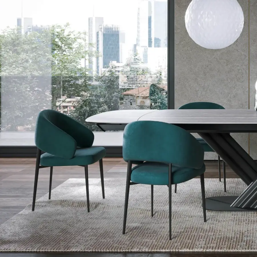 Exceptional Tonin Casa Sipario Ext table with a light gray ceramic tabletop and dark matte metal supports