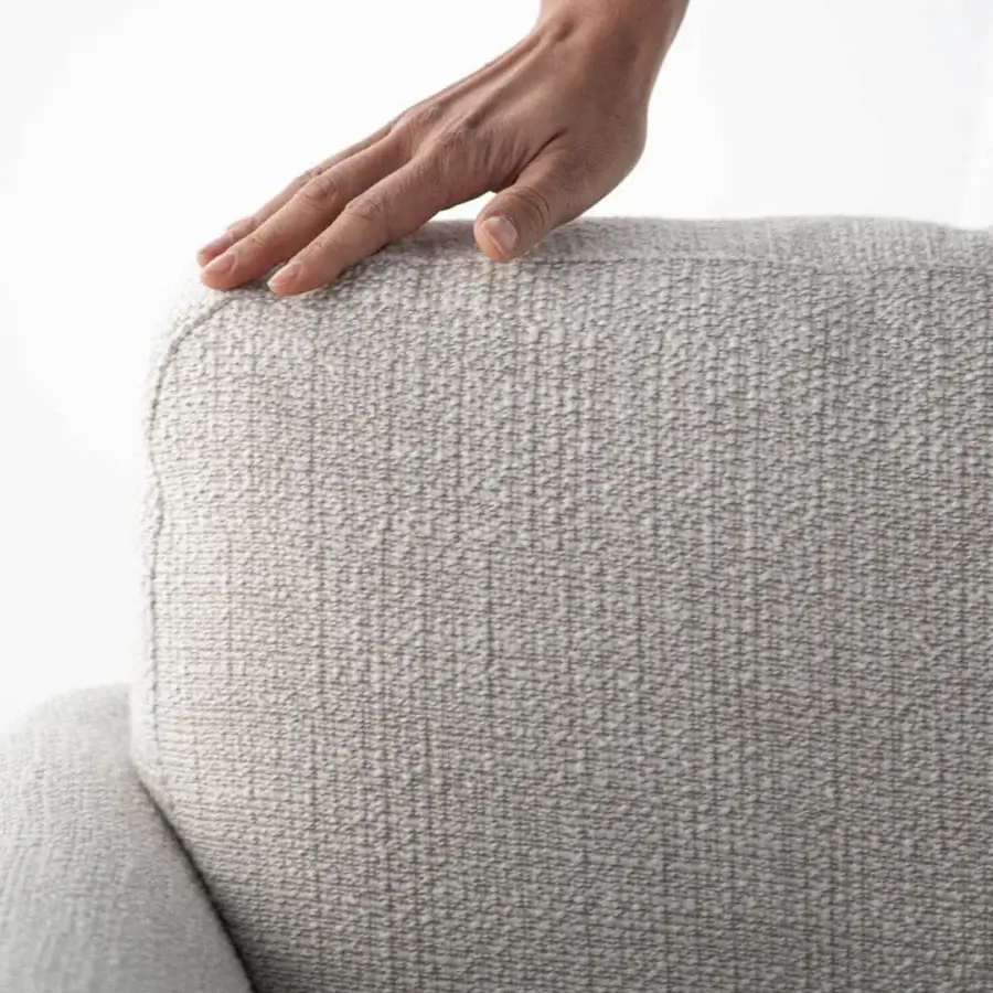 Superior Capital Mon Allure sofa upholstered in textured gray textile with a metal-finished plinth and solid wooden frame