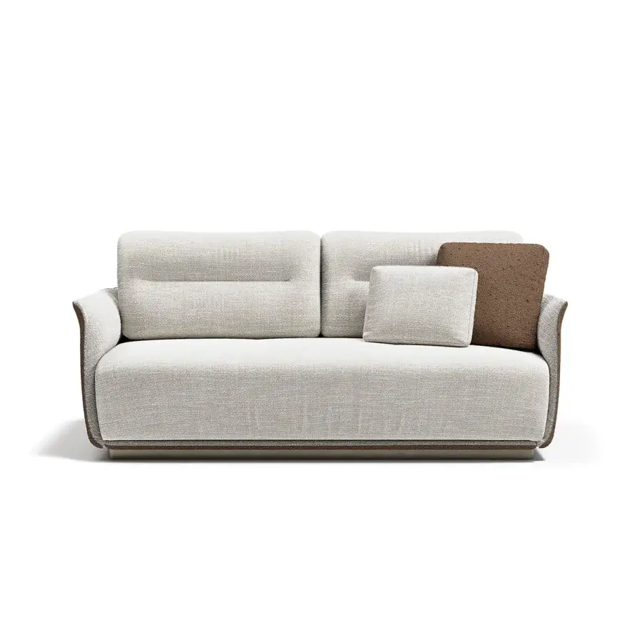 Elegant Capital Mon Allure sofa upholstered in textured neutral beige fabric with medium-brown accents and a metal-finished plinth base
