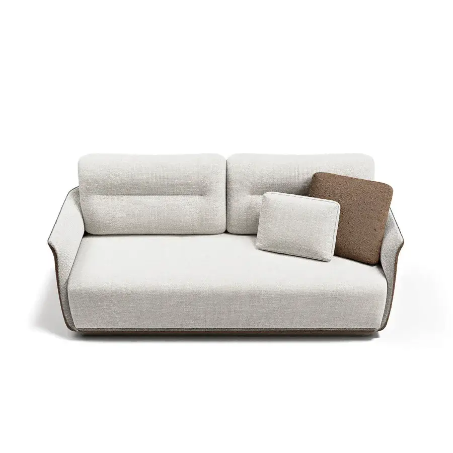 Distinguished Capital Mon Allure sofa crafted in light neutral beige textile with a dark wood plinth base and clean lines