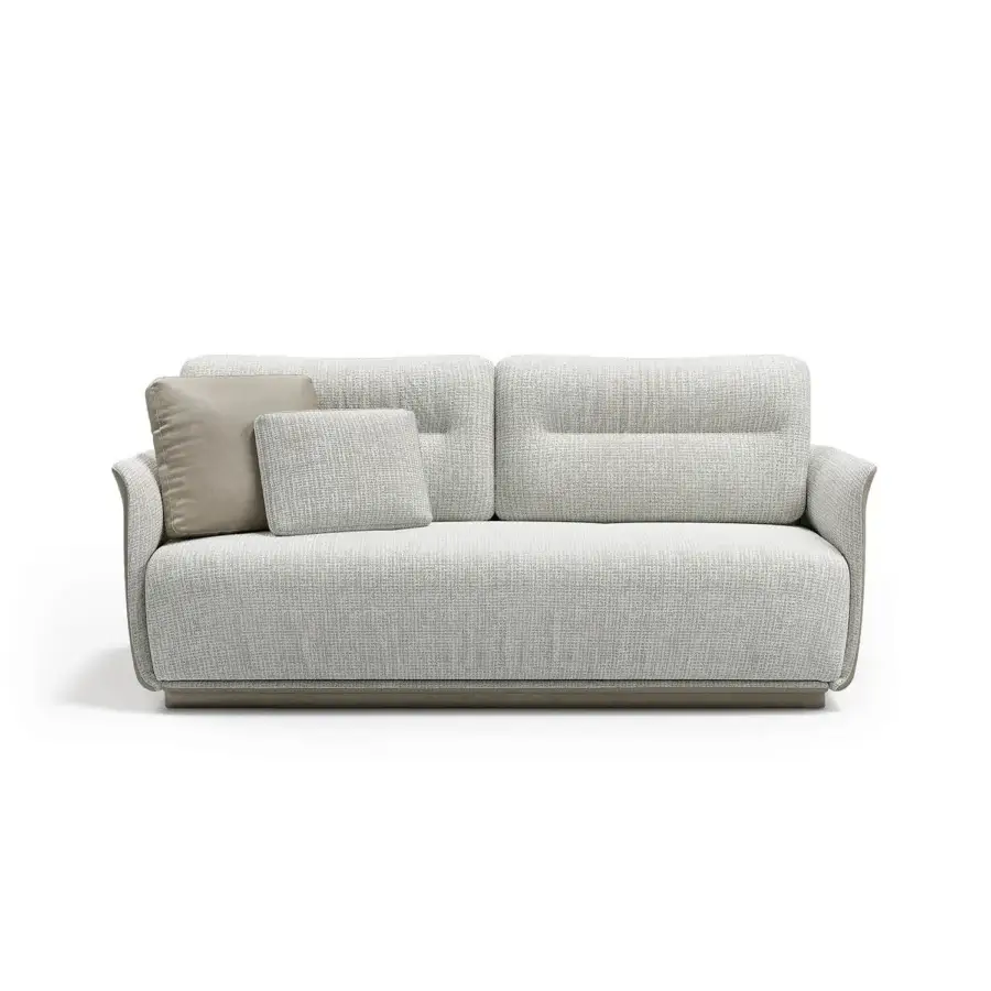 Elegant Capital Mon Allure sofa built with neutral gray textured fabric and metal finished plinth base with matte finish