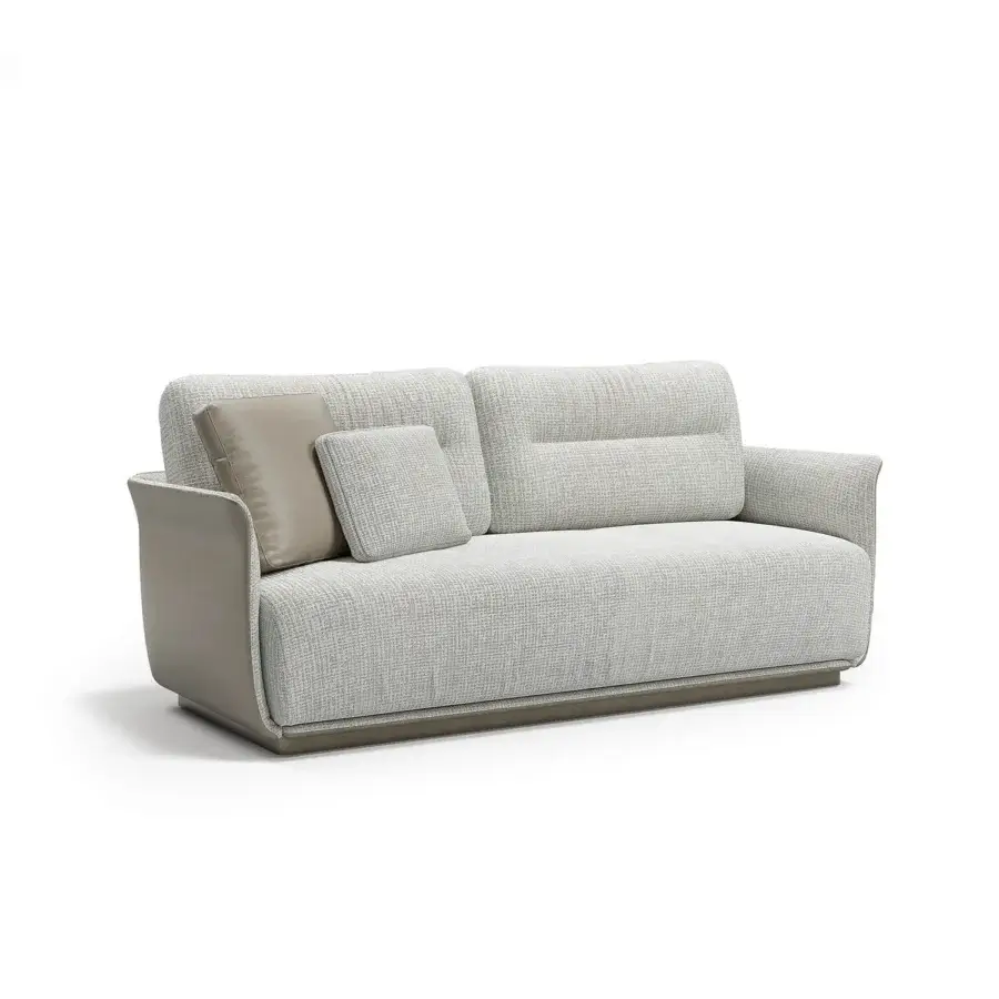 Superior Capital Mon Allure sofa built with neutral gray textured fabric and quilted leather accents with a sleek metal-finished plinth base