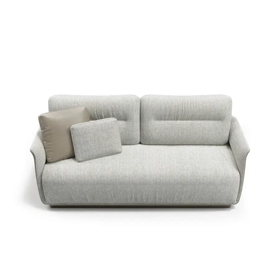 Captivating Capital Mon Allure sofa built with textured muted gray fabric and warm beige cushion with a sleek metal plinth base