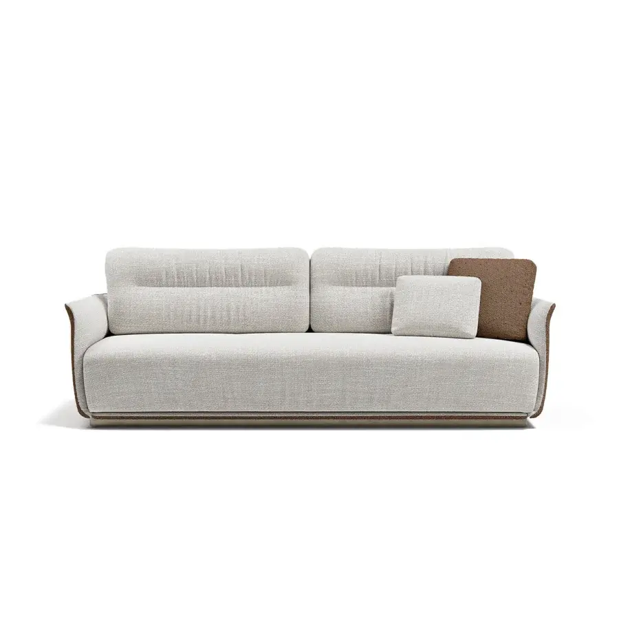 Distinguished Capital Mon Allure sofa crafted in light woven textile with satin medium-brown wood and metal-finished plinth base