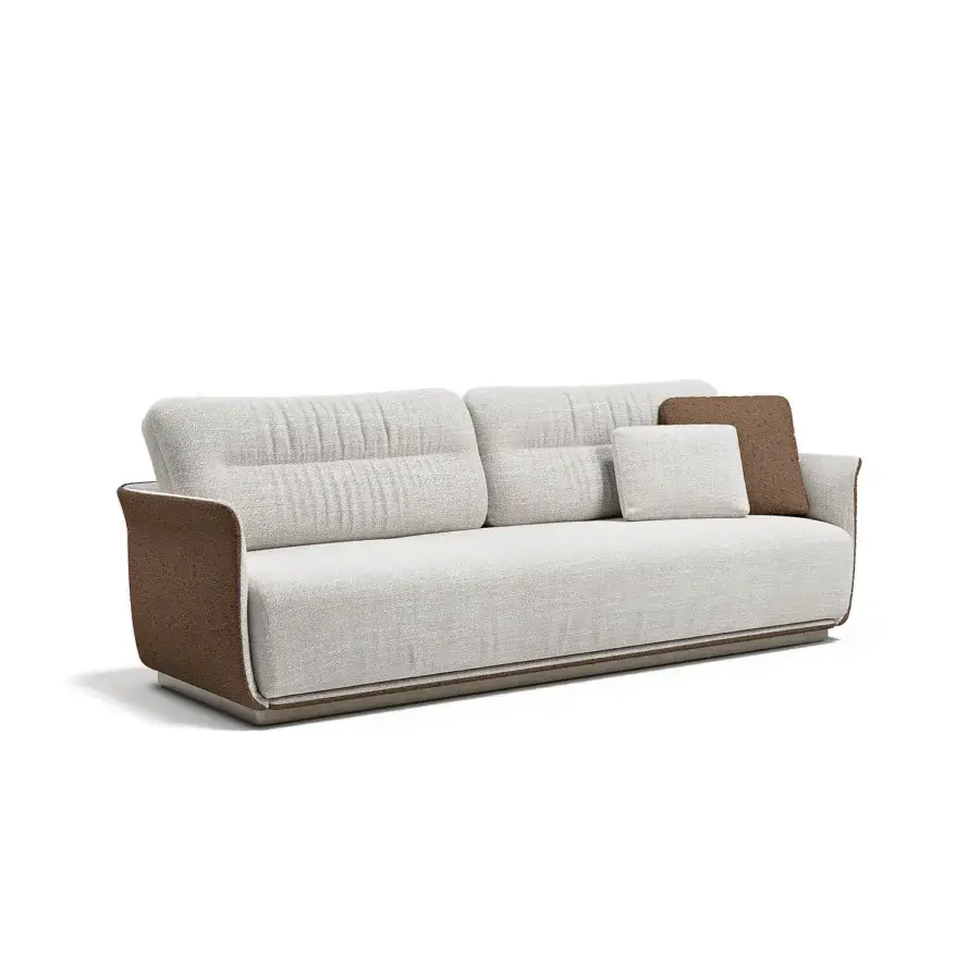 Superior Capital Mon Allure sofa built with neutral beige textile upholstery and smooth medium-toned brown satin wood base