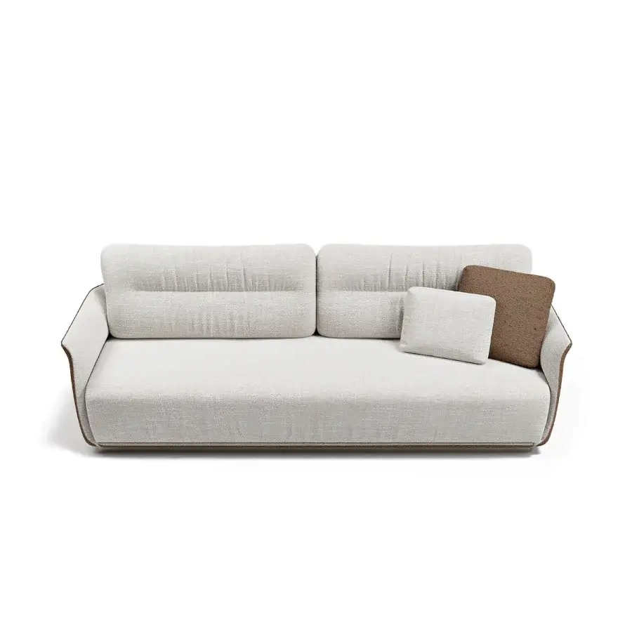 Elegant Capital Mon Allure sofa built with light beige textured fabric upholstery and sleek brown metal plinth base