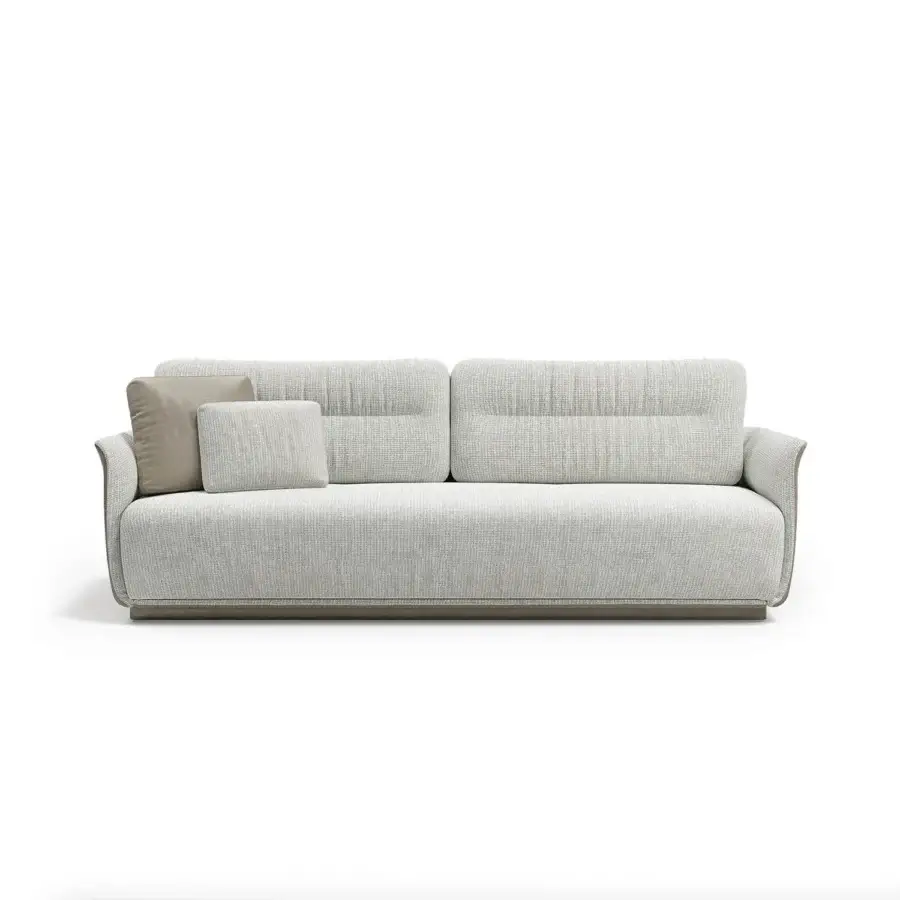 Captivating Capital Mon Allure sofa built with quilted light gray fabric upholstery and a metal-finished plinth base