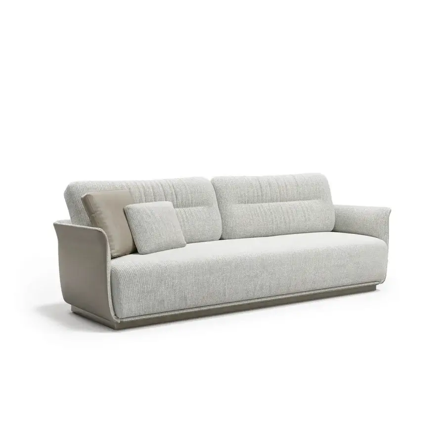 Distinguished Capital Mon Allure sofa crafted in light gray textile with darker gray leather-like accents and a subtle metal-finished plinth base
