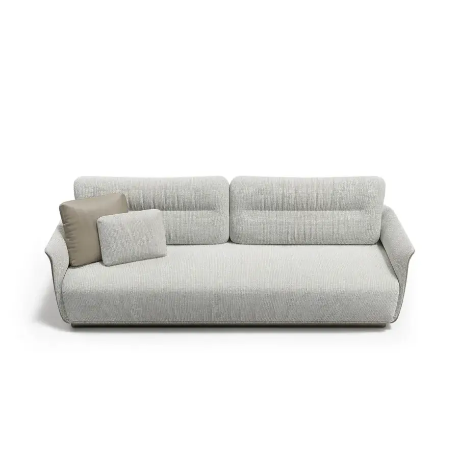 Superior Capital Mon Allure sofa built in light gray textured fabric with metal-finished plinth base