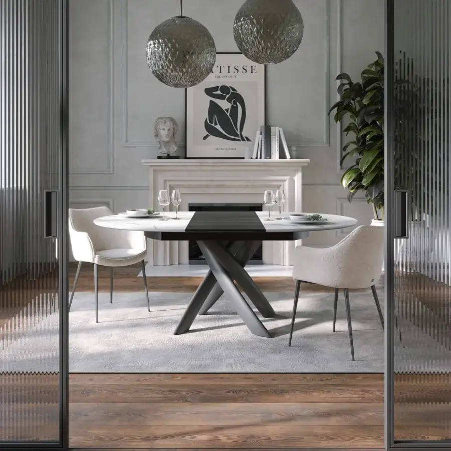 Remarkable Tonin Casa Style round table with light brown wood and ceramic top exhibiting a satin finish