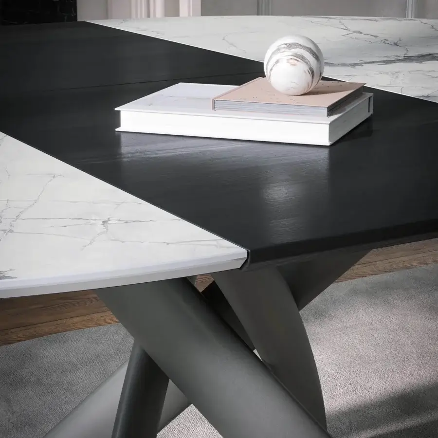Distinguished Tonin Casa Style round table with ceramic and dark brown wood tabletop, supported by a dark grey painted steel base