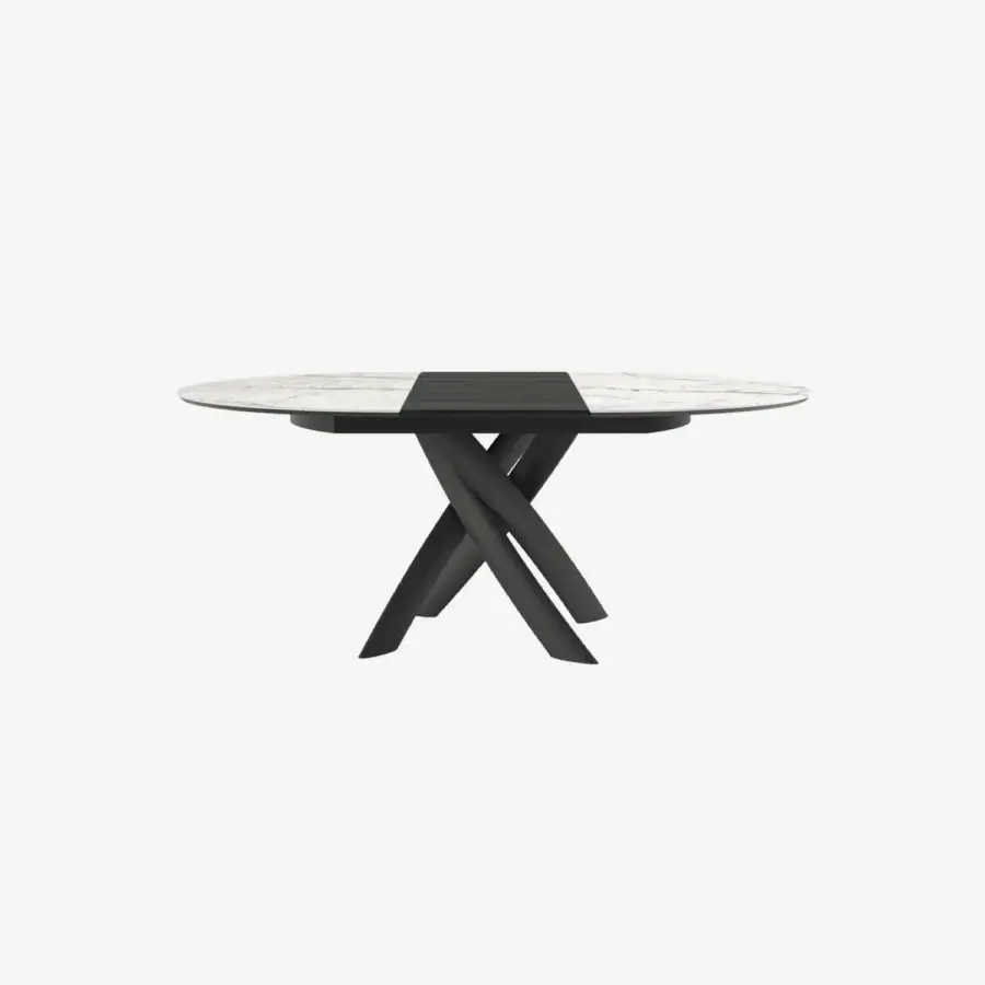 Elegant Tonin Casa Style round table with marbled ceramic and painted steel crisscross base with wood extension