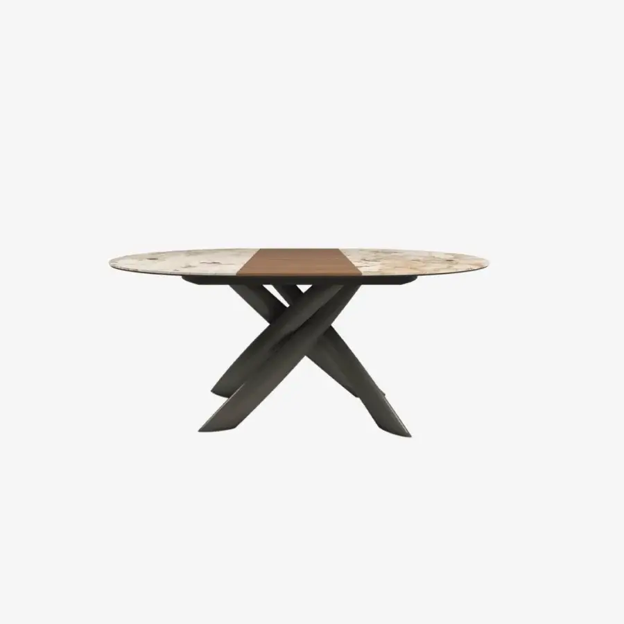 Captivating Tonin Casa Style round table with patterned ceramic, warm wood and a dark grey painted steel crisscross base