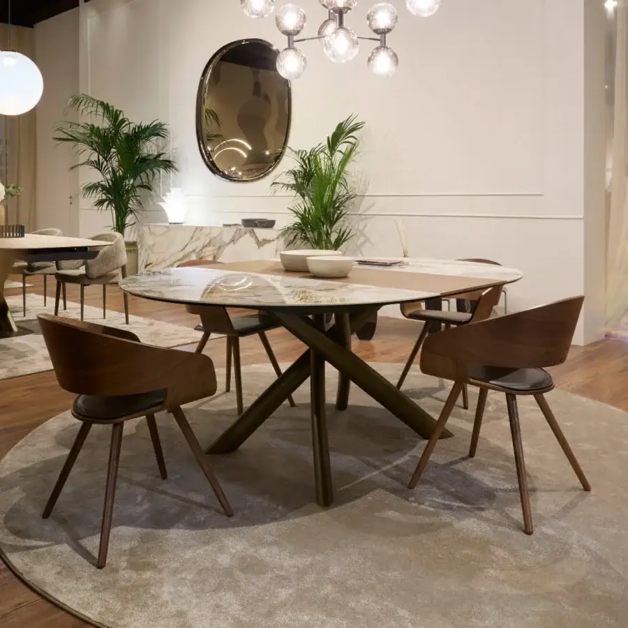 Exclusive Tonin Casa Style round table with glossy ceramic and dark bronze painted steel crisscross base