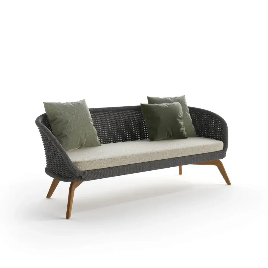 Exceptional Atmosphera Ludo sofa with sculpted form crafted in teak wood and dark gray woven textile with beige cushions