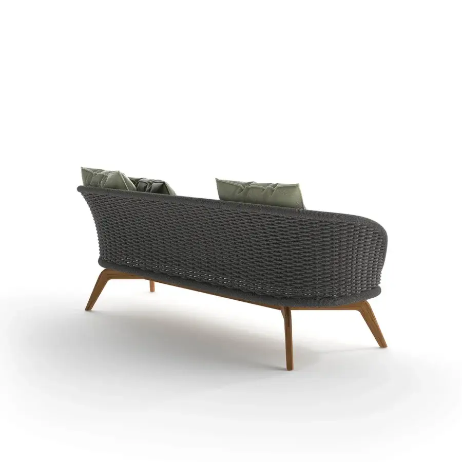Superior Atmosphera Ludo sofa with organic form and sculptural matrix crafted in dark charcoal woven resin with a natural teak wood base
