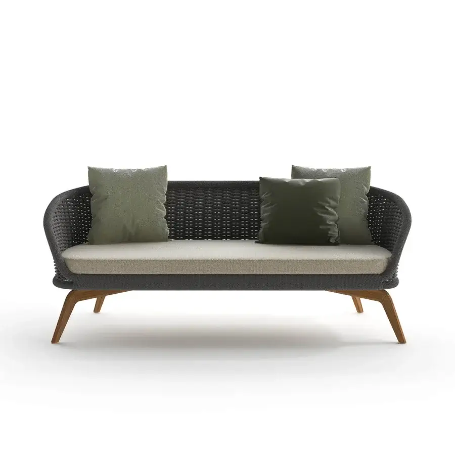 Elegant Atmosphera Ludo sofa with distinctive organic form and woven synthetic frame crafted in teak wood with light beige cushions