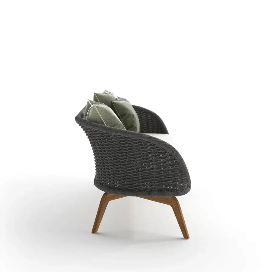 Distinctive Atmosphera Ludo sofa crafted with dark charcoal woven synthetic material and natural Teak wood base with plush light green cushions