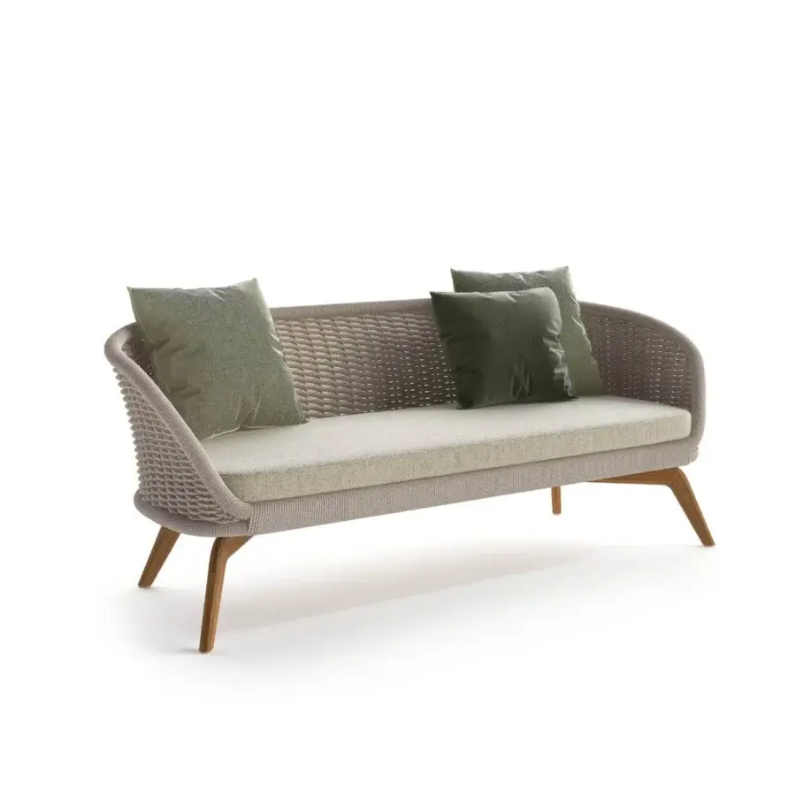 Exceptional Atmosphera Ludo sofa with organic shape and sculpted matrix built with teak wood and woven synthetic material in beige and olive green