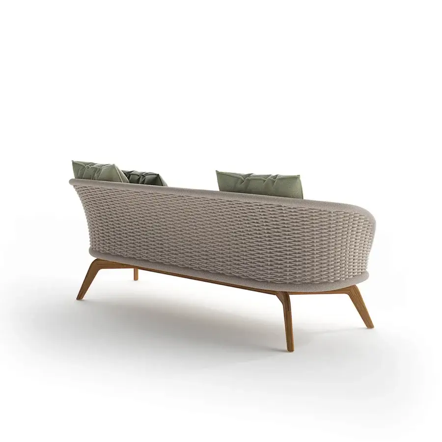 Sophisticated Atmosphera Ludo sofa with organic form and sculpted matrix built with teak wood and textured beige-grey woven textile cushions