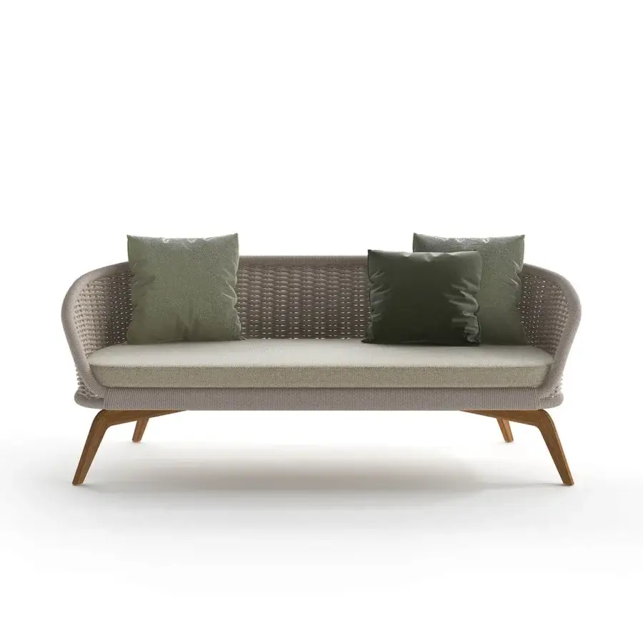 Elegant Atmosphera Ludo sofa with natural Teak wood base and light beige textured upholstery with olive-green cushions