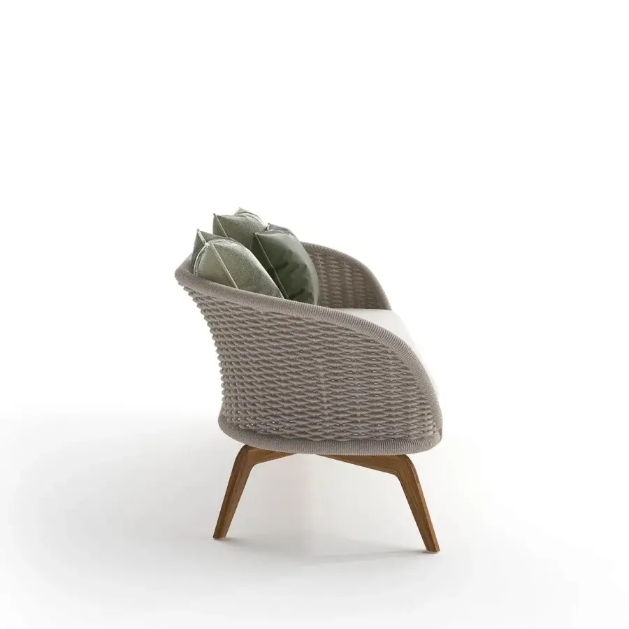 Distinctive Atmosphera Ludo sofa crafted with natural Teak wood and woven textile in muted gray, complemented by pale green cushions