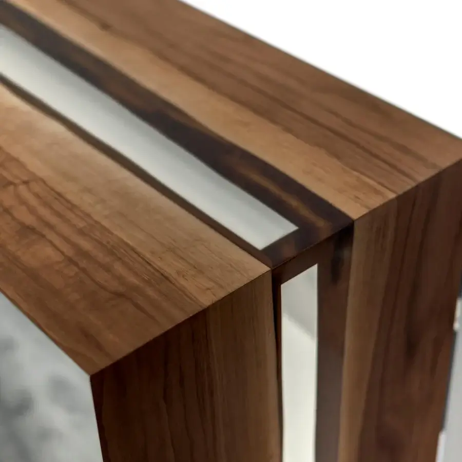 Distinguished Riva 1920 Frame Resin console crafted with solid Walnut and transparent resin in a satin finish