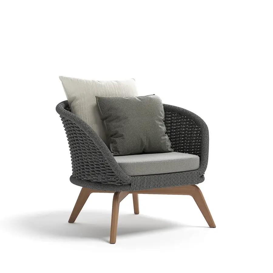 Distinguished Atmosphera Ludo lounge chair with organic silhouette and hand-woven gray rope backrest in warm satin teak wood