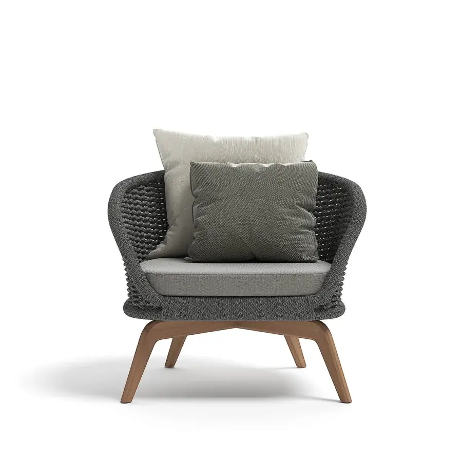 Elegant Atmosphera Ludo lounge chair with curved silhouette crafted in teak wood and dark gray woven textile with beige and olive-green cushions