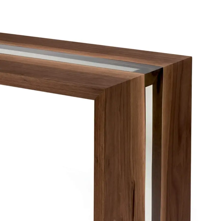 Distinguished Riva 1920 Frame resin console with solid Walnut wood and clear resin tabletop in satin finish