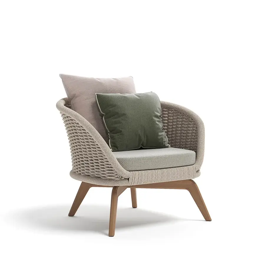Distinctive Atmosphera Ludo lounge chair crafted with warm satin-finish Teak wood and hand-woven beige rope offering ergonomic support