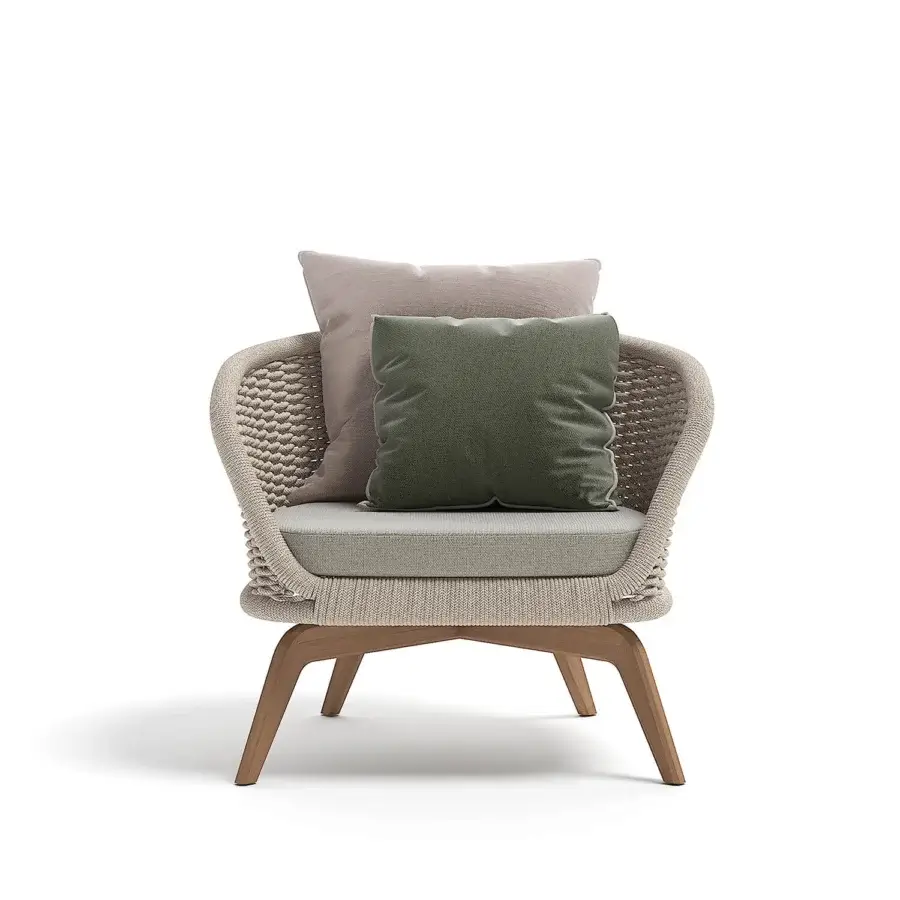 Exceptional Atmosphera Ludo lounge chair with sculpted Teak wood base and hand-woven light beige rope backrest accented with blush pink and olive-green cushions